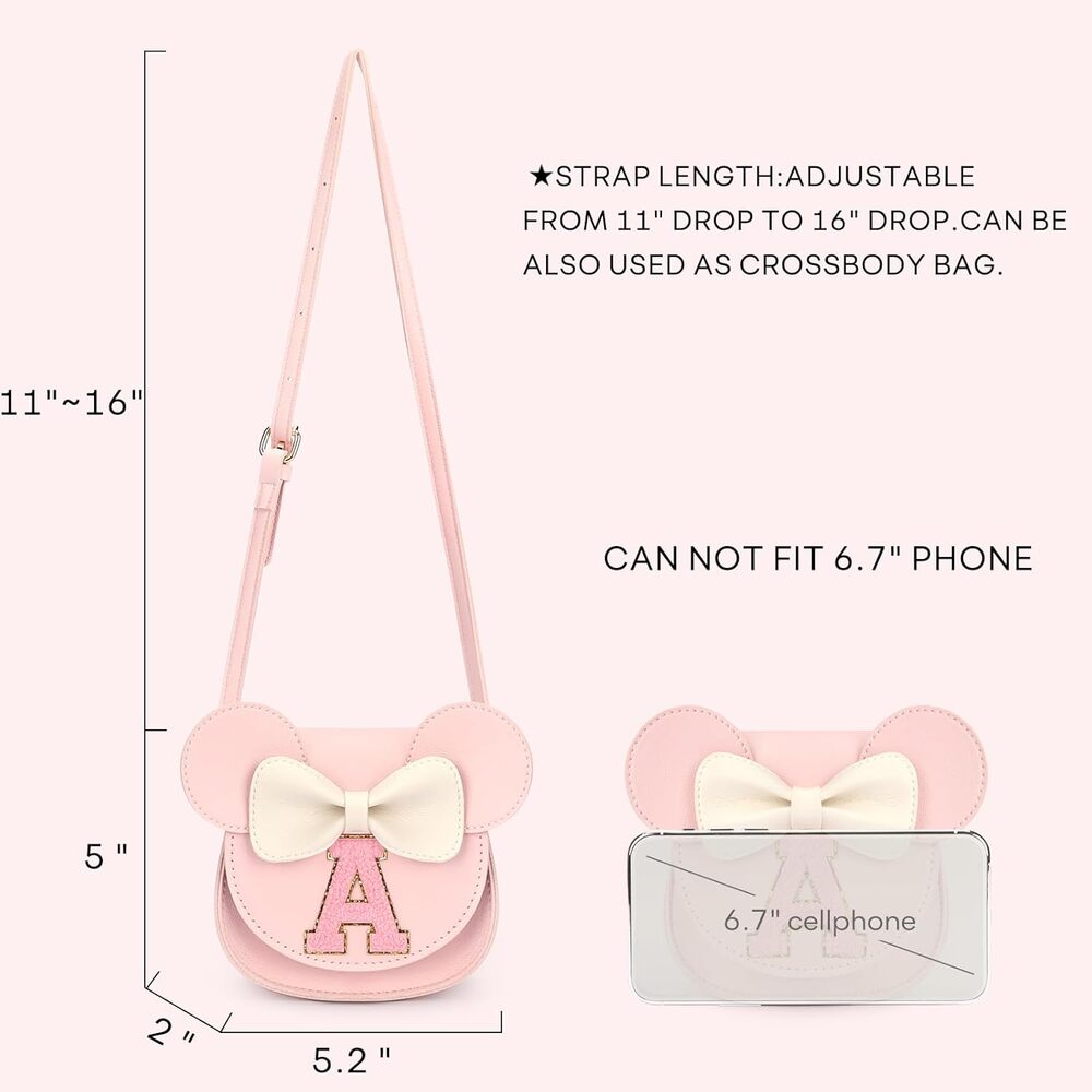 Letter A Toddler Crossbody Purse, Girls Mini Mouse Ears Purse, Pink A Handbag - Picture 5 of 6